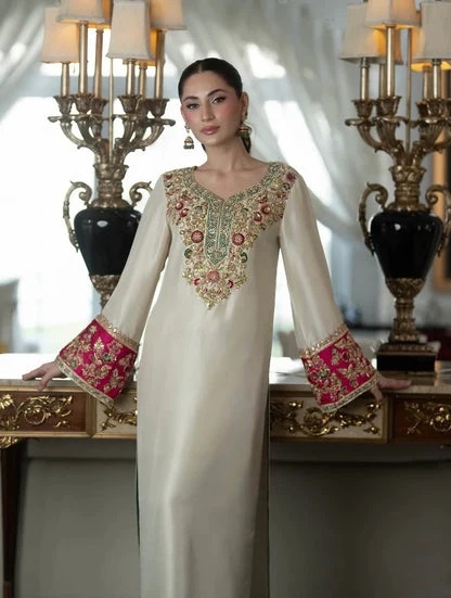 ALEEAN KHAN - KINZA clothing in ivory, pink, red, blue, green tones.